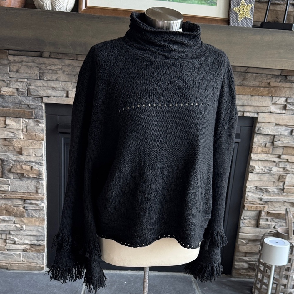 John + Jenn Black Cowl Neck Sweater with Fringe